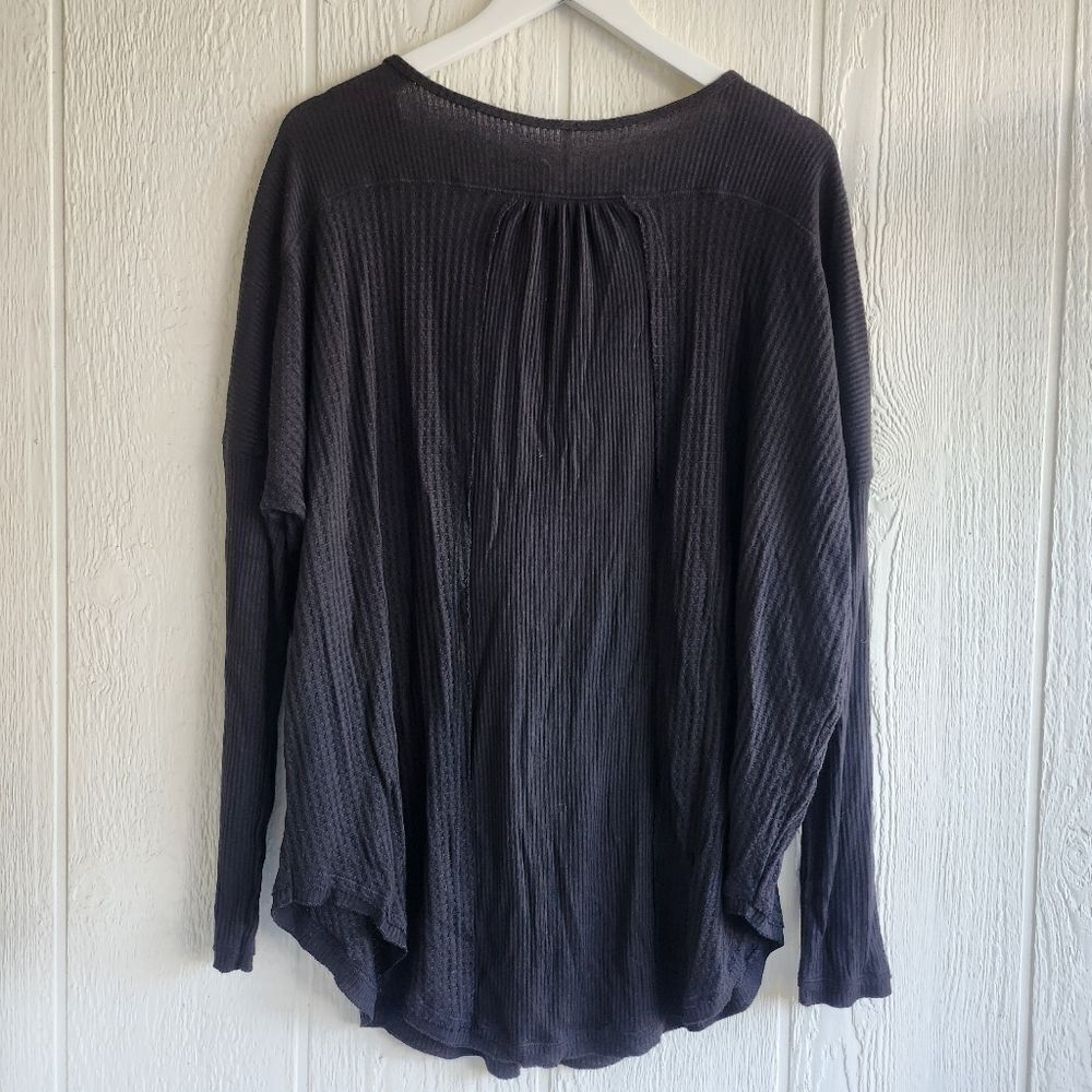 Free People Womens Black Waffle Blouse - Picture 2 of 4